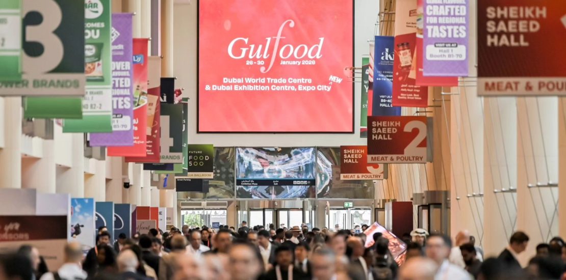 Gulfood 2026 food and beverage trade show at Dubai World Trade Centre with international exhibitors